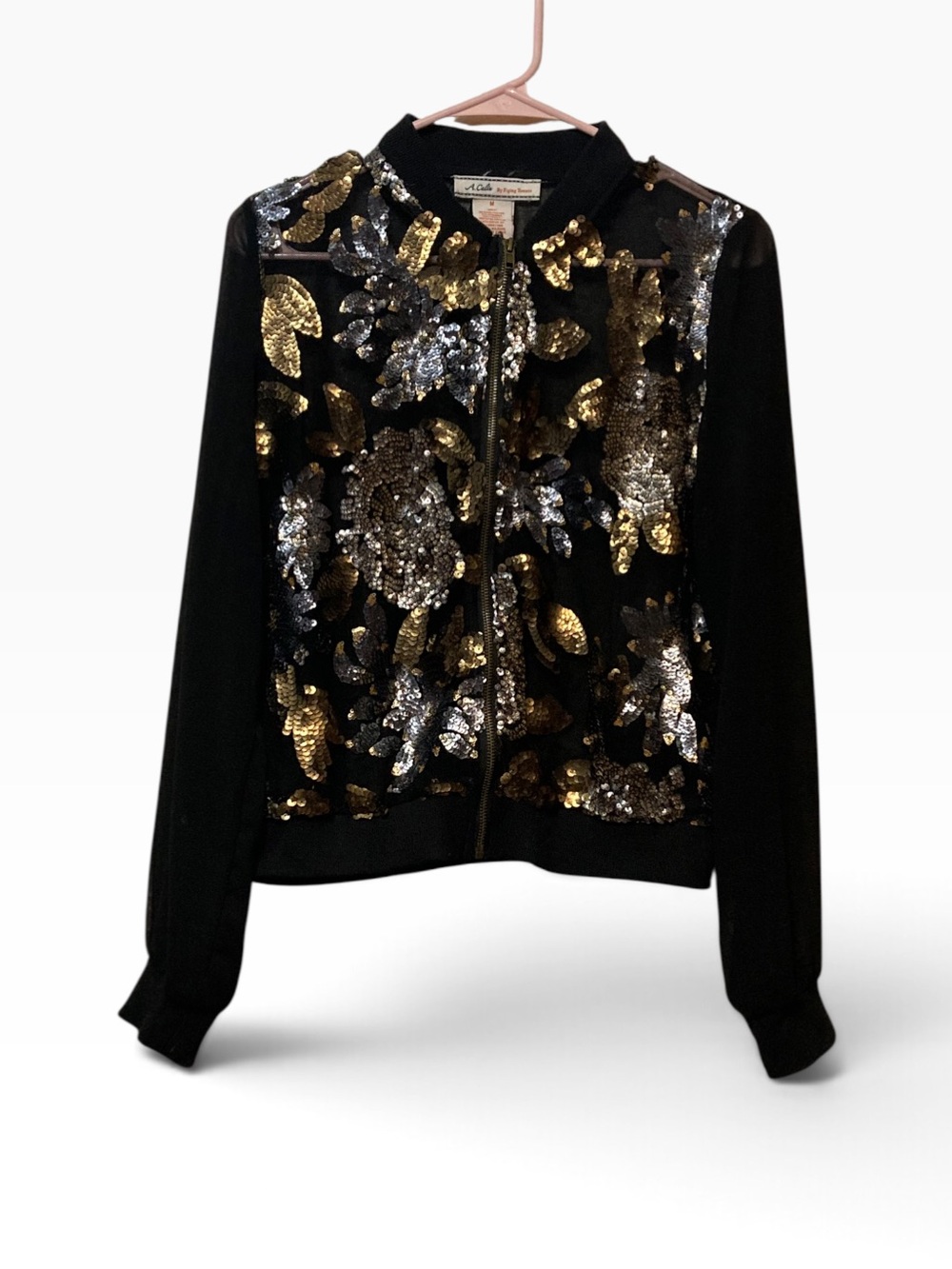Flying Tomato Sequined Floral Bomber Jacket - Black & Gold